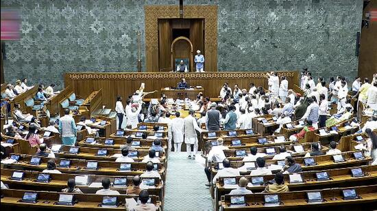 The Opposition members continued their protest on Wednesday, trooping into the Well of the House. (PTI)