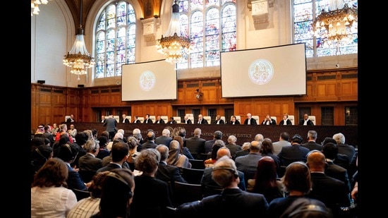 This photograph shows a general view of the courtroom during a non-binding ruling on the legal consequences of the Israeli occupation of the West Bank and East Jerusalem at the International Court of Justice (ICJ) in The Hague on July 19, 2024. (Photo by Lina Selg / ANP / AFP) / Netherlands OUT (AFP)