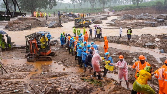 Wayanad: A Bailey bridge being constructed after landslides triggered by heavy rain at Chooralmala, in Wayanad district, on Wednesday. (PTI)