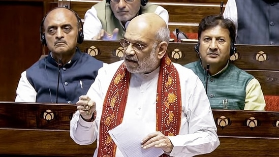 Union Home Minister Amit Shah speaks in the Rajya Sabha during the Monsoon Session of Parliament, in New Delhi on Wednesday.(SansadTV)