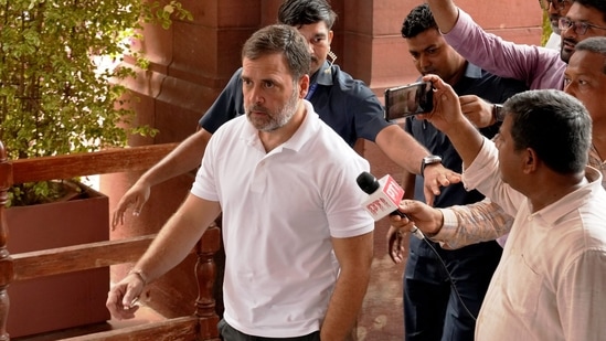 New Delhi: Leader of Opposition in Lok Sabha and Congress MP Rahul Gandhi arrives for the Congress Parliamentary Party meeting, at the Parliament House in New Delhi, Wednesday, July 31, 2024.(PTI)