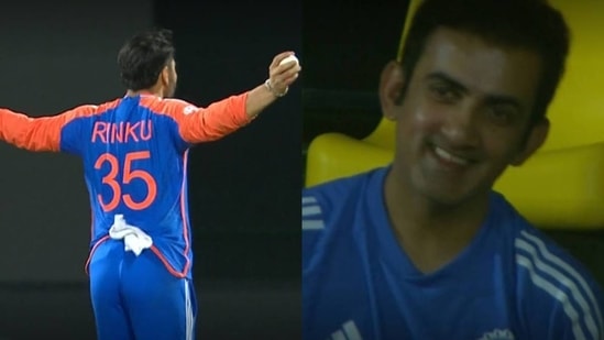 Gautam Gambhir snaps out of poker face, can’t hide his excitement after Rinku Singh picks maiden T20I wicket vs SL