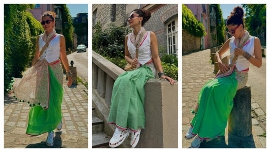 Taapsee Pannu flew to Paris to attend Olympics and support team India. A trailblazer in experimenting, be it with her fashion game or with her versatile roles, Taapsee opted for a white waistcoat instead of the usual blouse. The contemporary touch was further amped up with a pair of white sneakers. (Instagram/@taapseepannu)