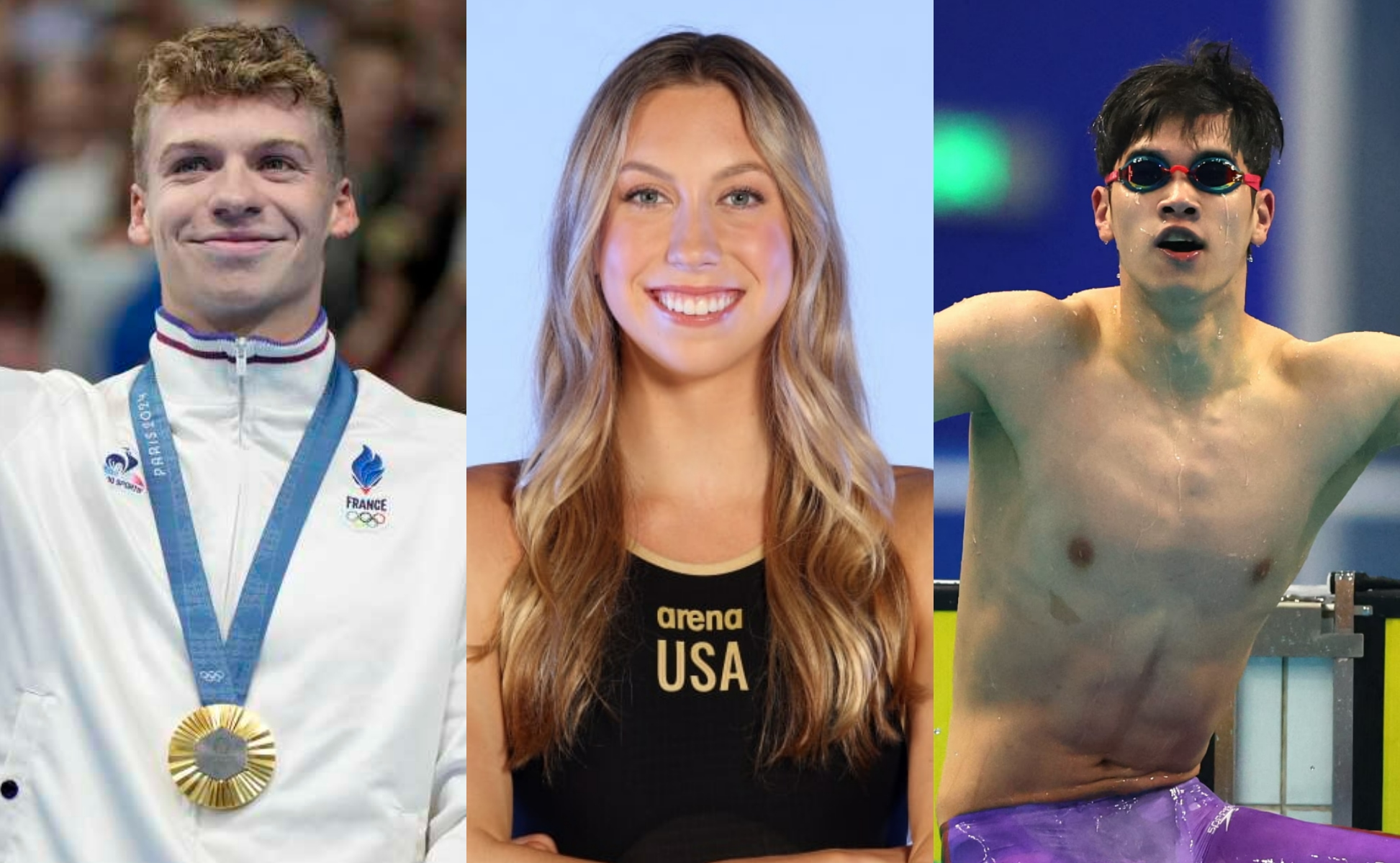 (left to right) Léon Marchand, Gretchen Walsh, Pan Zhanle (left to right) Léon Marchand, Gretchen Walsh, Pan Zhanle
