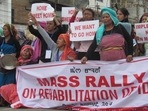 A protest was held on Thursday by people displaced by the ethnic violence in the state, demanding their resettlement (HT Photo/Sourced) A protest was held on Thursday by people displaced by the ethnic violence in the state, demanding their resettlement (HT Photo/Sourced)
