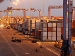 A general view of a container terminal is seen at Mundra Port, one of the ports handled by India's Adani Ports and Special Economic Zone Ltd,