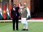 Prime Minister Narendra Modi and Vietnam Prime Minister Phạm Minh Chinh hold hands as they meet at Hyderabad House, in New Delhi on Thursday. (ANI Photo/Rahul Singh) Prime Minister Narendra Modi and Vietnam Prime Minister Phạm Minh Chinh hold hands as they meet at Hyderabad House, in New Delhi on Thursday. (ANI Photo/Rahul Singh)