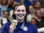 Gold medallist Katie Ledecky of United States celebrates after winning.(REUTERS)