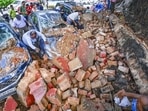 The wall of Happy School in Daryaganj collapsed amid heavy rainfall on Wednesday night. There were no casualties. (RAJ K RAJ /HT PHOTO) The wall of Happy School in Daryaganj collapsed amid heavy rainfall on Wednesday night. There were no casualties. (RAJ K RAJ /HT PHOTO)