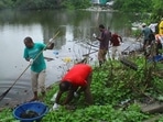 Volunteers collect garbage from the waterbody near the Charkop mangroves.(HT Photo) Volunteers collect garbage from the waterbody near the Charkop mangroves.(HT Photo)
