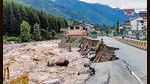 The partially washed-away Manali-Chandigarh highway is seen alongside a swollen Beas River at Manali, following a recent cloudburst in Kullu district on Thursday. (PTI) The partially washed-away Manali-Chandigarh highway is seen alongside a swollen Beas River at Manali, following a recent cloudburst in Kullu district on Thursday. (PTI)