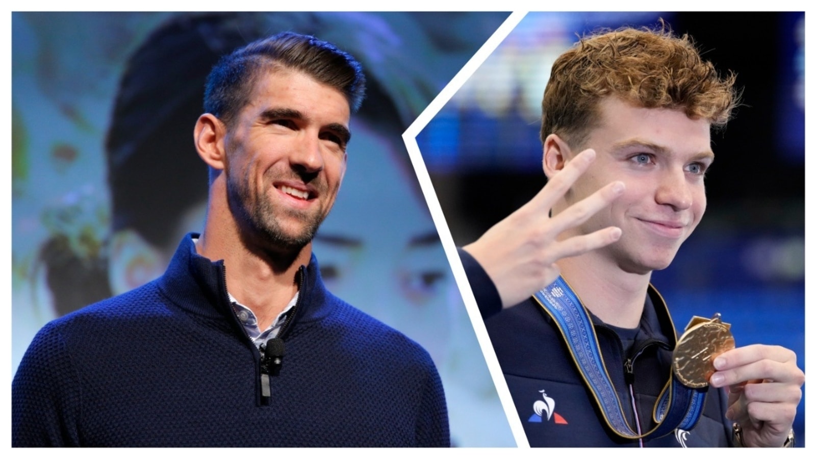 Michael Phelps reacts after Leon Marchand creates history with