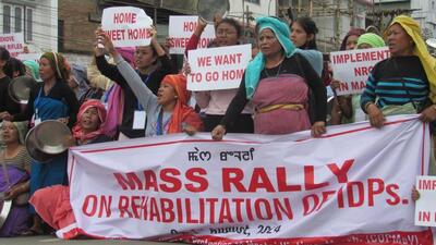 A protest was held on Thursday by people displaced by the ethnic violence in the state, demanding their resettlement (HT Photo/Sourced) A protest was held on Thursday by people displaced by the ethnic violence in the state, demanding their resettlement (HT Photo/Sourced)