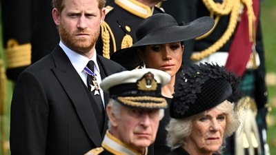 Prince Harry: Britain's Meghan, Prince Harry, Queen Camilla and King Charles attend the state funeral and burial of Britain's Queen Elizabeth. (Reuters)