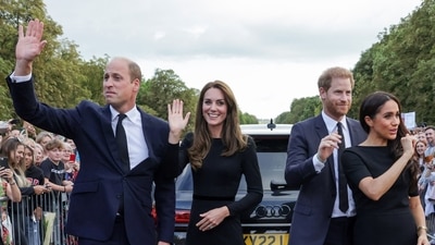 Prince Harry and Meghan Markle with Prince William and Kate Middleton waved at the well-wishers on the Long Walk at Windsor Castle on September 11, 2022 (IST) (AFP) Prince Harry and Meghan Markle with Prince William and Kate Middleton waved at the well-wishers on the Long Walk at Windsor Castle on September 11, 2022 (IST) (AFP)
