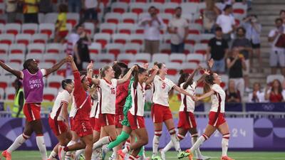 Canada players celebrate after beating Colombia in their Paris Olympics encounter. (REUTERS)