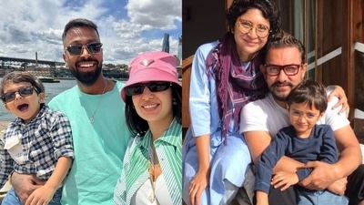 Hardik Pandya and Natasa Stankovic with their son Agastya (L); Aamir Khan and Kiran Rao with their son Azad (R)