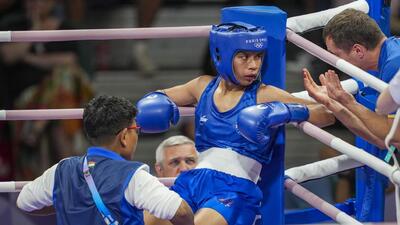 India's Nikhat Zareen during her women’s 50kg Round of 16 bout against China's Wu Yu on Thursday. (PTI)