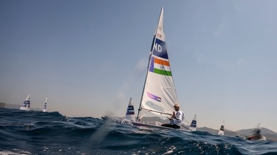 Sailor Vishnu Saravanan finished 10th in the first race of the day in men's dinghy but then finished a disappointing 34th in the second. This has left him 25th on the overall rankings featuring in Race 1. Nethra Kumana is ranked 6th after her first race in women's dinghy, with the second being postponed to Friday due to poor wind. (AP) Sailor Vishnu Saravanan finished 10th in the first race of the day in men's dinghy but then finished a disappointing 34th in the second. This has left him 25th on the overall rankings featuring in Race 1. Nethra Kumana is ranked 6th after her first race in women's dinghy, with the second being postponed to Friday due to poor wind. (AP)