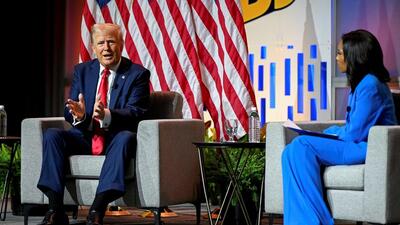 Republican presidential nominee and former US President Donald Trump speaks on a panel of the National Association of Black Journalists (NABJ) convention in Chicago, Illinois, US, on Wednesday. (REUTERS) Republican presidential nominee and former US President Donald Trump speaks on a panel of the National Association of Black Journalists (NABJ) convention in Chicago, Illinois, US, on Wednesday. (REUTERS)