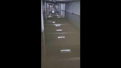 The flooded basement of a high-rise tower in Sector 150, following heavy rain on Wednesday evening. (HT Photo) The flooded basement of a high-rise tower in Sector 150, following heavy rain on Wednesday evening. (HT Photo)
