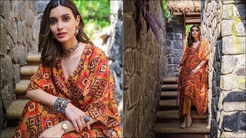 Diana Penty’s rust kaftan with bold ikat print is a summer wardrobe essential. (Instagram/dianapenty)