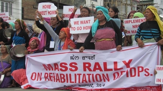 A protest was held on Thursday by people displaced by the ethnic violence in the state, demanding their resettlement (HT Photo/Sourced)