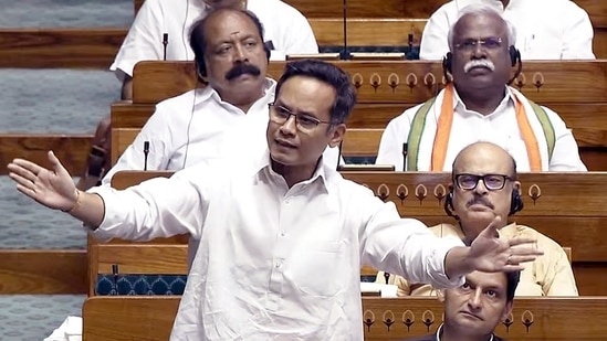 Deputy Leader of Congress in Lok Sabha Gaurav Gogoi calls railway minister Ashwini Vaishnaw 'derailment minister'. (ANI Photo/SansadTV)(SansadTV)