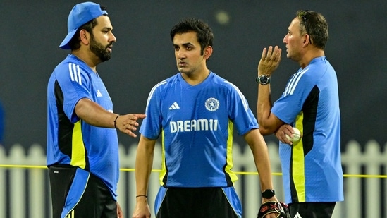 India's captain Rohit Sharma talks with head coach Gautam Gambhir (C) and chief selector Ajit Agarkar (R) during a practice session at the R. Premadasa International Cricket Stadium(AFP)