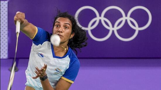 India's PV Sindhu during the women's singles round of 16 match against China's He Bing Jiao on Thursday. (PTI)
