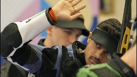 India's Swapnil Kusale during the 50m rifle 3 positions men's final at the 2024 Olympics on Thursday. (AP)