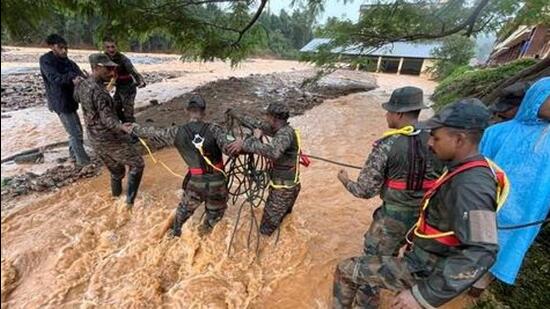 Indian army soldiers engaged in rescue operations at landslide affected village in Wayanad (AP Photo)