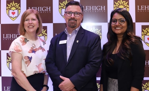 Lehigh University spokespersons Cheryl Matherly, Vice President and Vice Provost for International Affairs (left), Dan Warner, Vice Provost for Admissions and Financial Aid (Middle) and Dr. Willy Das, Research Scientist and Curriculum Innovation Manager at Lehigh@NasdaqCenter.(Handout image)