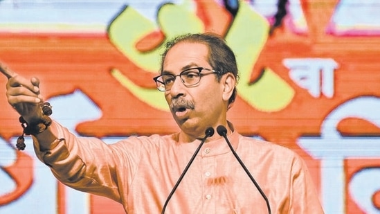 Mumbai, India. June 19, 2024: Shiv Sena (UBT) party chief Uddhav Thackeray addressed the party workers on the occasion of Shiv Sena's 58th foundation day at Shanmukhanand Hall in Matunga, Mumbai on Wednesday. June 19, 2024. (Photo by Raju Shinde/HT Photo)