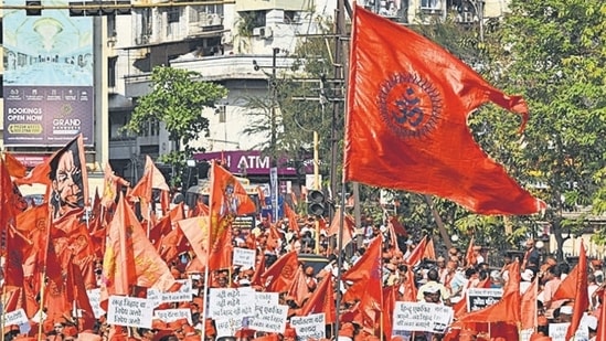 Navi Mumbai, India - February 26, 2023: Jan Aakrosh Morcha by Sakal Hindu Samaj in protest against 'Love Jihad', 'Land Jihad' and 'Religious Conversions' held at Vashi, in Navi Mumbai, India, on Sunday, February 26, 2023. (Photo by Bachchan Kumar/ HT PHOTO) (HT PHOTO)