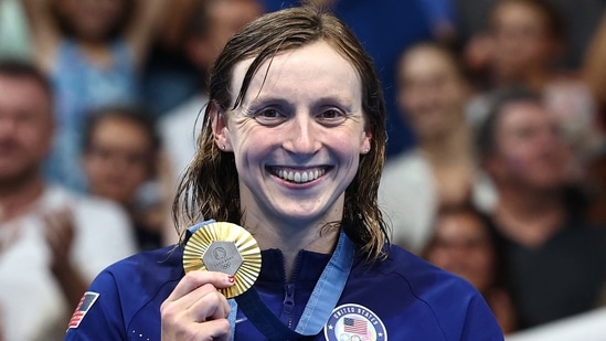 Gold medallist Katie Ledecky of United States celebrates after winning.(REUTERS)