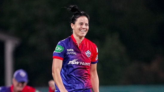 Delhi Capitals Marizanne Kapp celebrates the wicket of Gujarat Giants Laura Wolvaardt during the 2023 Women's Premier League(PTI)