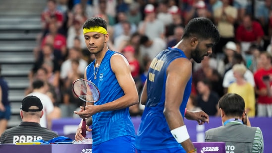 India's Satwiksairaj Rankireddy and Chirag Shetty after their men's doubles quarterfinal badminton match against Malaysia's Aaron Chia and Soh Wooi Yik at the 2024 Summer Olympics(PTI)