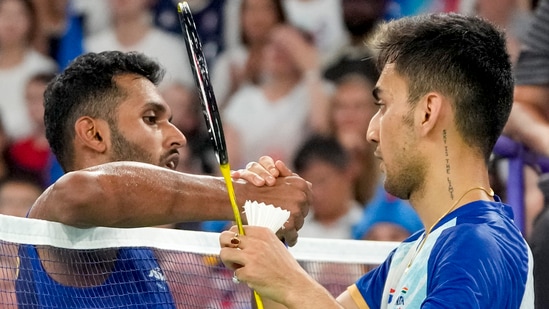 Paris: India's Lakshya Sen and compatriot HS Prannoy after Sen won the men's singles Round of 16 badminton match at the 2024 Summer Olympics(PTI)