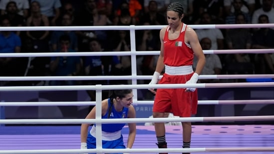 Algeria's Imane Khelif, right, defeated, Italy's Angela Carini in their women's 66kg preliminary boxing match at the 2024 Summer Olympics(AP) Algeria's Imane Khelif, right, defeated, Italy's Angela Carini in their women's 66kg preliminary boxing match at the 2024 Summer Olympics(AP)