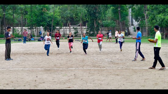 Players taking fitness tests during the Khelo India trials at SAI Centre Ludhiana. (Manish/Hindustan Times)