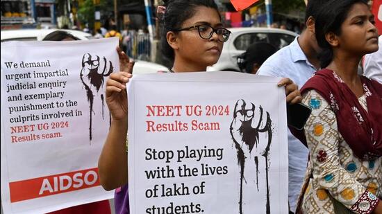 Students stage protest rally against recent scam in NEET and UGC-NET exam (HT Photo)