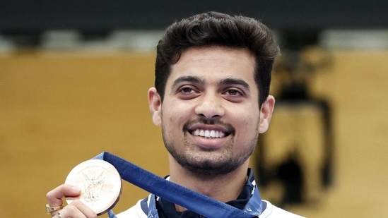 Swapnil Kusale won bronze in the men’s 50m rifle 3p event on Thursday. (AFP)