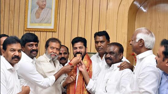 Telangana chief minister Revanth Reddy and other leaders celebrate the Supreme Court judgment, in Hyderabad on Thursday. (ANI)