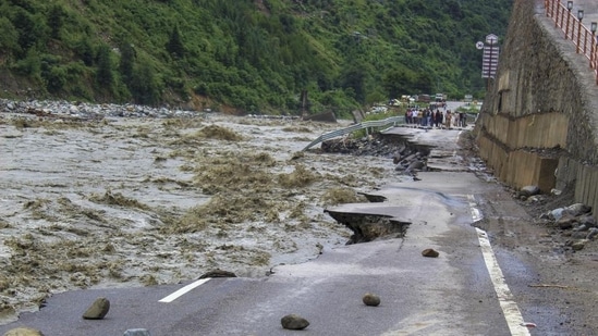 The damaged Manali-Chandigarh highway in Kullu on Thursday. (PTI)