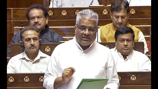 Union Minister for Environment Bhupender Yadav speaks in the Rajya Sabha during the Monsoon Session of Parliament, in New Delhi on Thursday. (ANI)