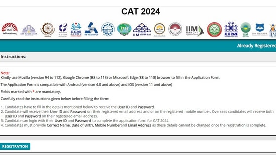 CAT 2024 registration begins; check eligibility, direct link to apply and other details (iimcat.ac.in, screenshot of the registration page)