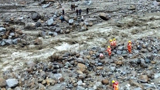 Shimla: Rescue operation underway following a cloudburst in Jhakhari area of Rampur subdivision, in Shimla district, Thursday, August 1, 2024.(PTI)