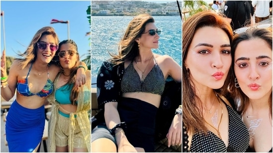 Kriti Sanon travelled to Mykonos with her sister, Nupur Sanon, and friends. The actor posted pictures from her holiday, serving beach wardrobe inspiration in stylish bikinis and sarongs. (Instagram)