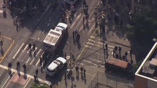 Two NYPD officers were shot during a foot chase in Lower East Side, Manhattan, on Thursday afternoon. One suspect taken into custody.(X / Steven Bognar)